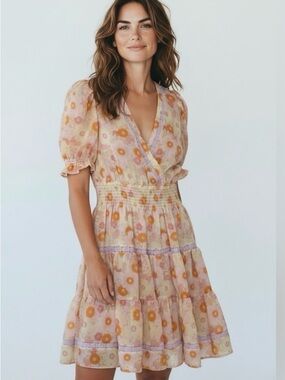 Taylor Floral Puff Sleeve Smocked Waist Tiered Lace Trim Mini Dress Size 4